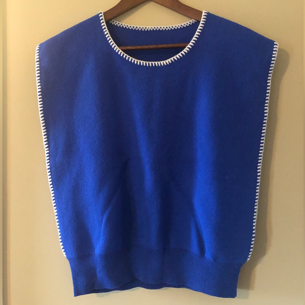 100% Wool Cobalt Blue Sweater Vest with White Trim